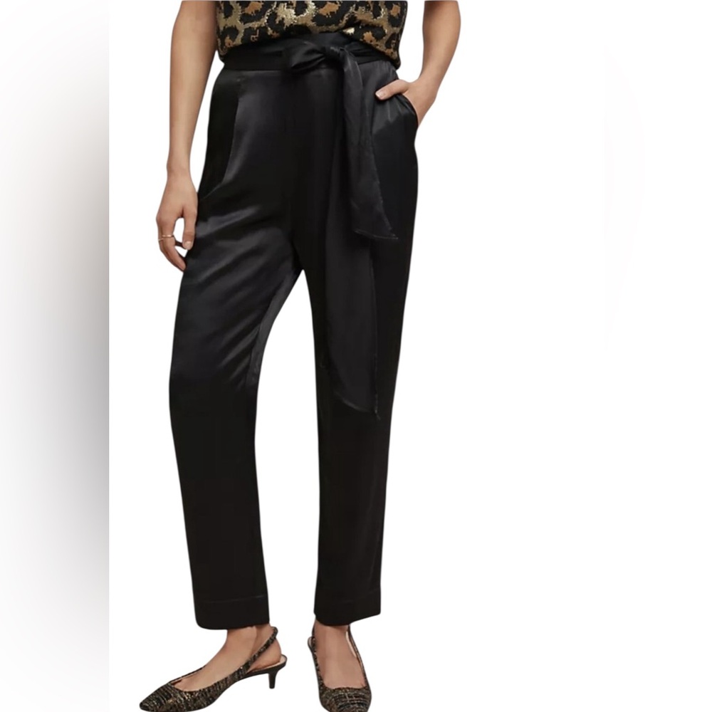 Anthropologie ett:twa Satin Black Tie Waist Wide Leg Trouser Ankle Pants Size 14 - Picture 16 of 16
